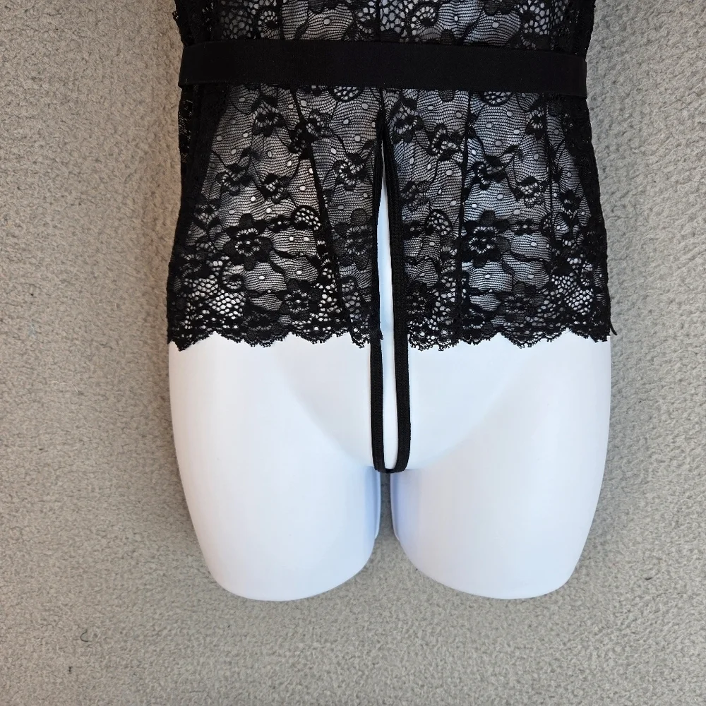 Mapale Womens Crotchless Bodysuit Lingerie Sz L Halter Tie Sexy Sheer